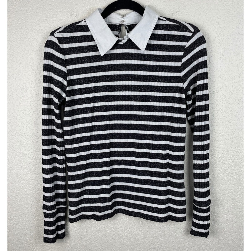 Trina Turk Top Medium Olympic Boulevard Metallic‎ Striped Lightweight Rib Knit